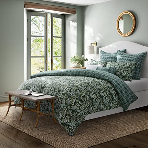 Laura Ashley- King Comforter Set, Cotton Reversible Bedding Set, Includes Matching Shams With Bonus Euro Shams & Throw Pillows (Bramble Floral Green, King) #TOP2
