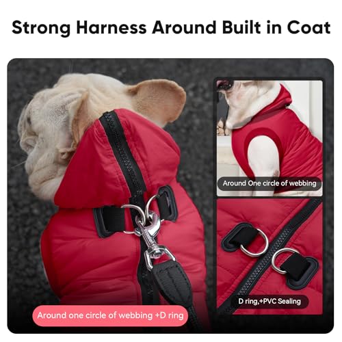 Vecomfy Fleece Lining Dog Hoodie with Harness Built in,Extra Warm Small Dog Jacket in Winter Puppy Coats with Hooded,Red M