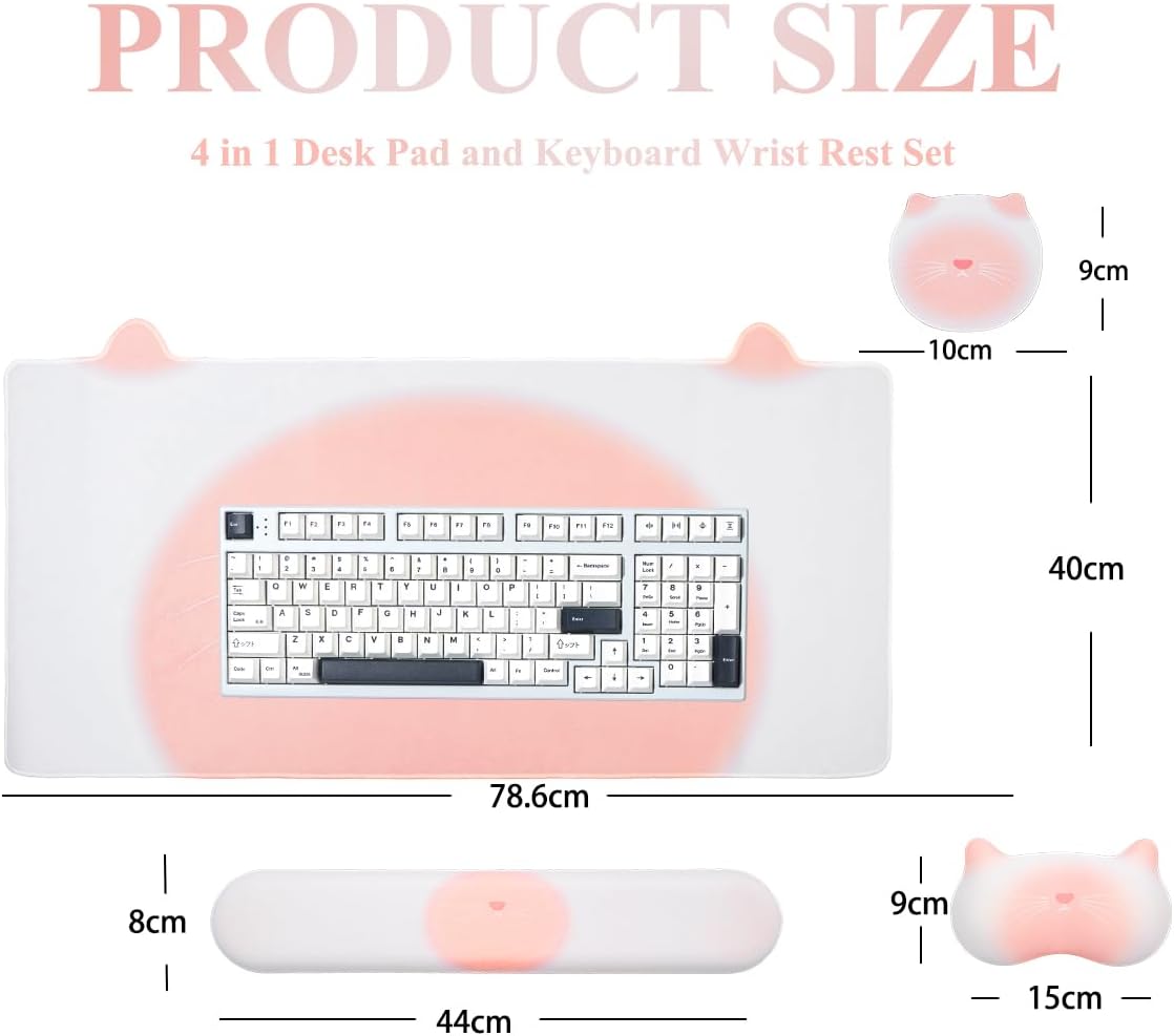 Gaming Desk Mat with Keyboard Wrist Rest Set, 4 in 1 Large Mouse Pad & Cloud Keyboard Wrist Rest& Mouse Wrist Rest&Coaster, Comfort and Support for Typing and Gaming(Pink cat)