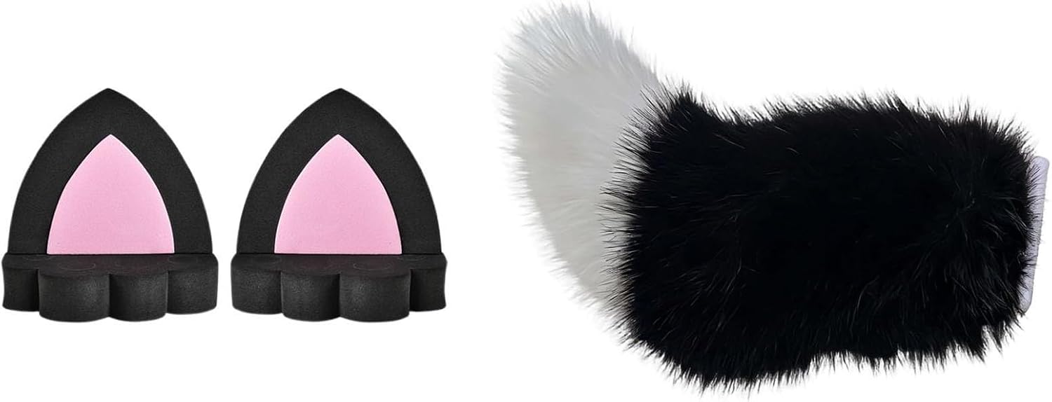 Wagging Tail for Car, Furry Electric Cat Tail for Car, Remote Control Drift Tails, with Fox and Rabbit Ear Decorations (Black Fox)