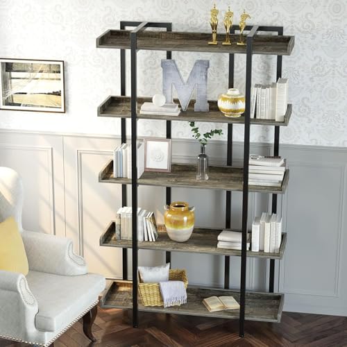 Image of Rolanstar Book Shelf 5-Tier, 68.9''H Tall Bookshelf for Home Office, Open Wood Display Shelves, Large Standing Bookcase with Metal for Living Room, Industrial Corner Bookshelf Grey