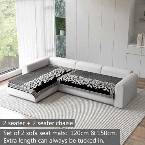 Image of Nendle Superior Velvet Floral Sofa Mat 4 Seater Set Cover Durable Protector for Living Room Sofa Set 2+2, Suitable for L Shape, Sectional and U Shape Sofa (Color Black, Pack of 2)