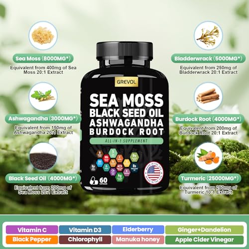 Sea Moss Black Seed Oil Ashwagandha Bladderwrack Burdock Root Turmeric & Vitamin C D3 Elderberry ACV Black Pepper - Multimineral Supplement - 60 Count — view 3
