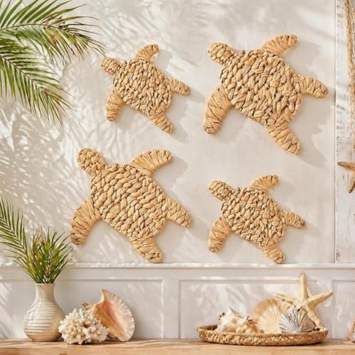 Threehoney 4 Pcs Sea Turtle Beach Decor Handmade Wicker Turtle Wall Decor