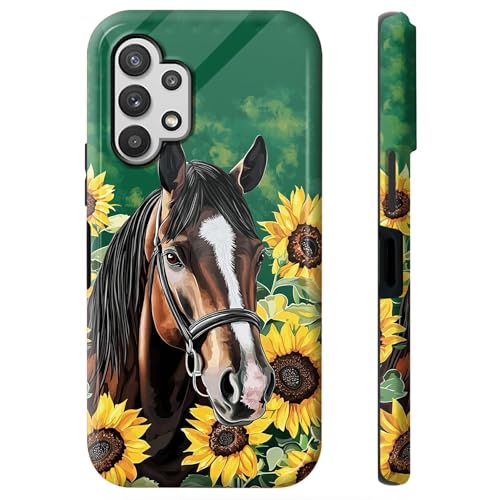 BWEGRHE Horse Sunflower Phone Case for Samsung Galaxy A32 5G, Dual Layer Shockproof Heavy Duty Protective Cover with Soft TPU + Hard PC, Anti-Scratch Slim Fit, Wireless Charging Compatible