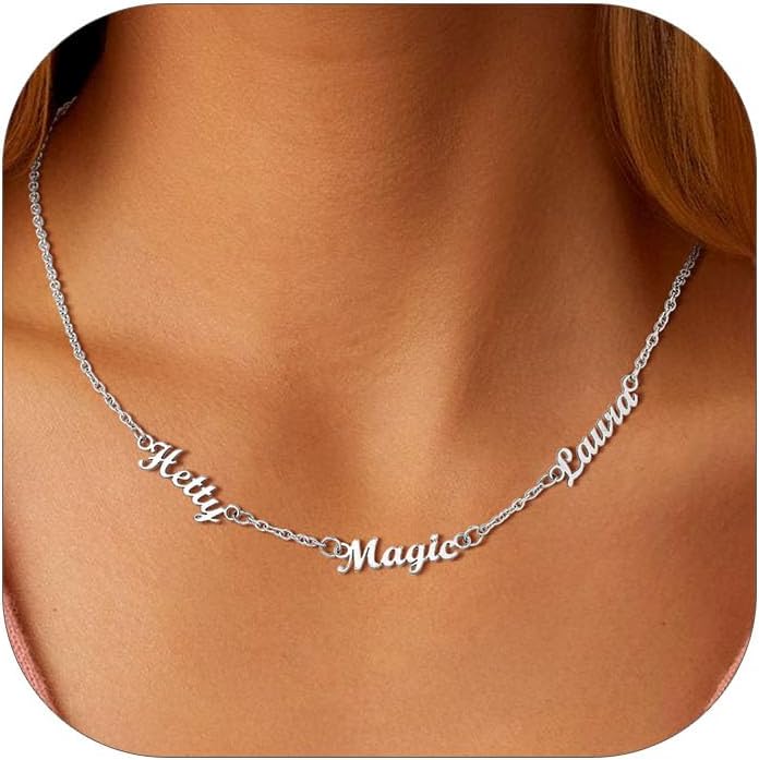 Custom4U Collar con nombre personalizado para mujer Collares con nombre personalizados de 1 a 5 | Collares con placa de identificación chapados en oro de 14 quilates de plata de ley y acero inoxidable, regalo para mamá, esposa, aniversario, cumpleaños, con caja de regalo