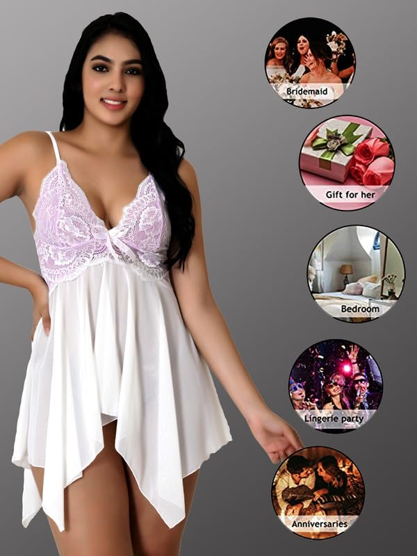 Image of Babydoll Lace Nighty with Adjustable Straps Above Knee V Neck S-3XL