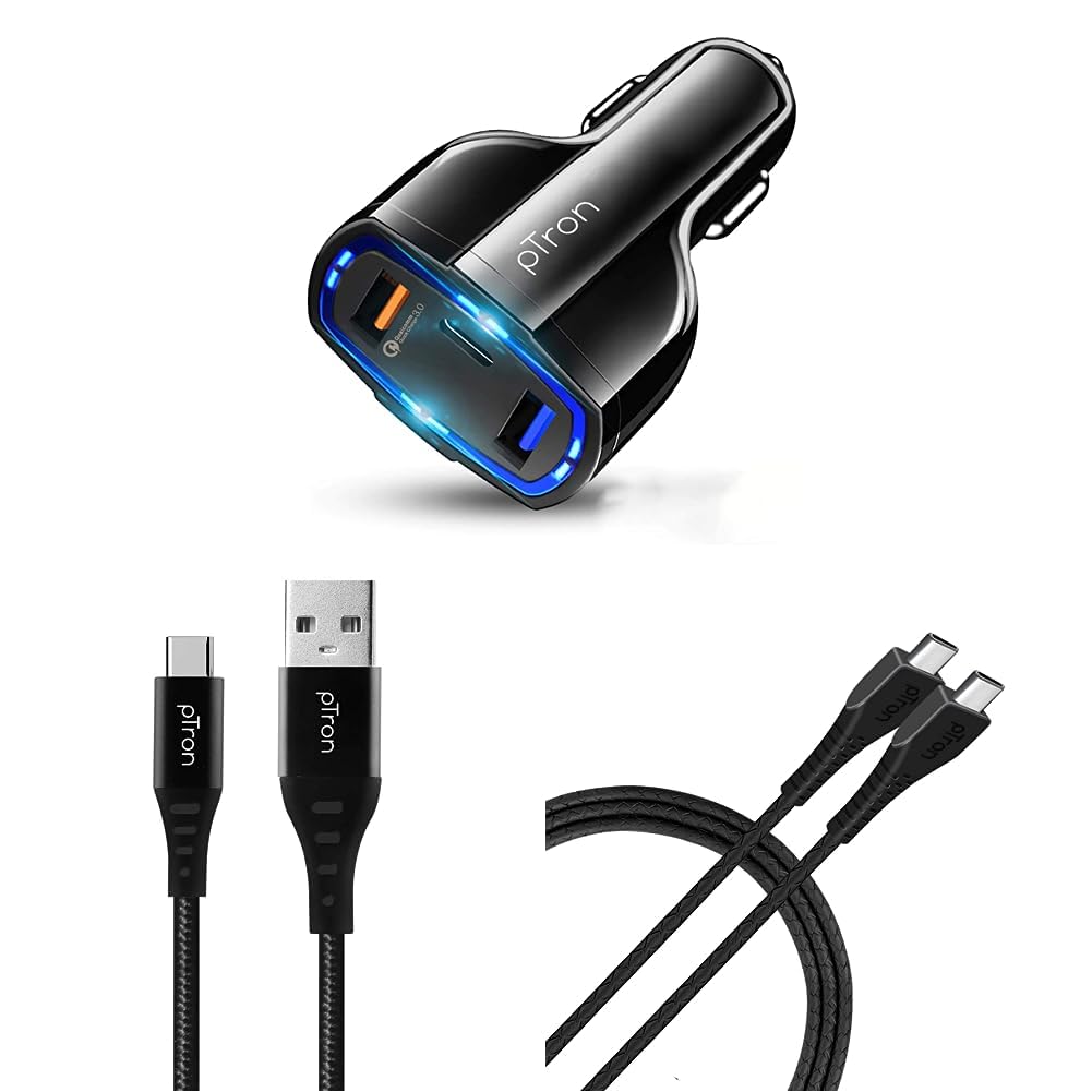 pTronBullet Pro 36W PD Quick Charger, 3 Port Fast Car Charger Adapter - Compatible with All Smartphones & Tablets (Black) + USB-A to Type-C (Black) + Type-C to Type-C(Black)