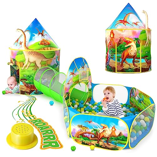 3pc Kids Play Tent for Girls with Ball Pit, Crawl Tunnel, Princess Tents for Toddlers, Baby Space World Playhouse Toys (3PC Tent with little Roar Button)