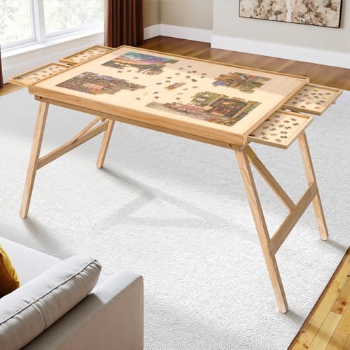 TEAKMAMA 27.6' H Tall 1500 Piece Puzzle Table with Legs, 4 Drawers, 34.3' W x 26.5' D Large Wood Folding Jigsaw Puzzle Board with Cover for Adults, Nature