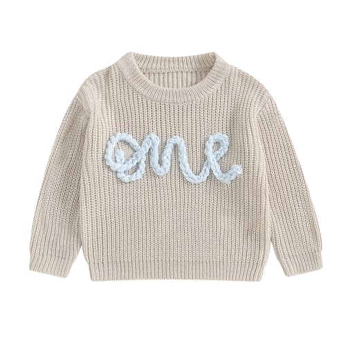 First Birthday Outfit Toddler Baby Boy Girls One Birthday Embroidery One Sweater Top Knit Pullover Sweatshirt Clothes (Beige, 12-18 Months)