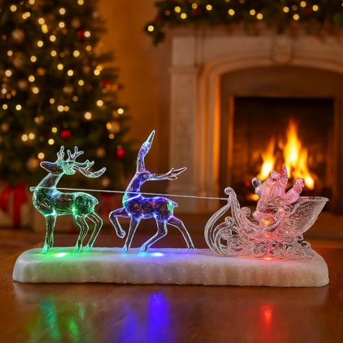 Marco Paul LED Christmas Acrylic Tree & Reindeer Ornament – 27 cm Musical Light-Up Scene with Multi-Coloured Lights – Battery-Powered Festive Xmas Decoration (Sleigh)