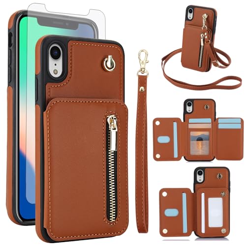 Phone Case for iPhone XR 6.1 RFID Wallet Cell Cover with Screen Protector Crossbody Strap Credit Card Holder Slot Stand iPhoneXR iPhone10R i Phonex 10XR 10R RX CR iPhoneXRcases Women Men Brown