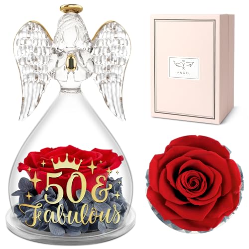 Yamonic Rosa Eterna Regalo Cumpleaños Mujer,Regalo Originale para Mujer,Regalo 50 Aniversario Bodas,Regalo Abuela,Regalo Mama,Regalo Madre Cumpleaños,Flores Preservadas con Figura de Ángel,50 Fabulous