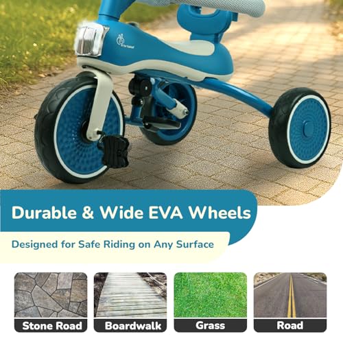 Image of R for Rabbit Tiny Toes Karizma Tricycle for Kids with Light & Music, Parental Control, EVA Wheels, Foldable Footrest, Comfy Seat with Backrest, Baby Trike Cycle for 2-5 Years, Up to 25kg (Blue Grey)