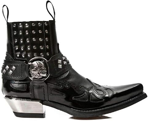 New Rock Newrock M.7950-S1 Black Ankle Boots Western Goth Strap Skull Stud Metal