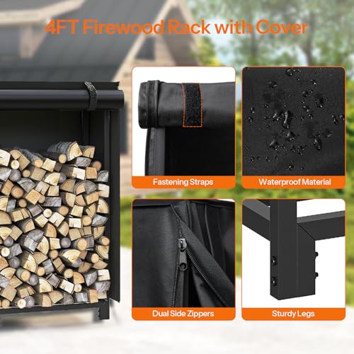 HOOBRO 4FT Firewood Rack with Cover, Adjustable Firewood Log Rack with 2 S-Shaped Hooks, Oxford Fabric Cover, Heavy Duty Log Holder, Fireplace Wood Storage, for Indoor and Outdoor, Black BB04CH02 by HOOBRO - Image 8