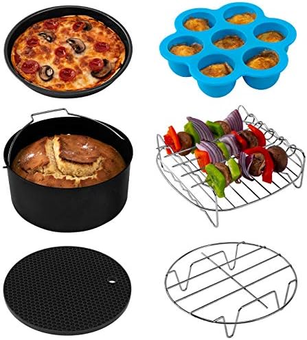 COSORI Air Fryer Accessories, Set of 6 Fit for Most 5.8Qt and Larger Oven Cake & Pizza Pan, Metal Holder, Skewer Rack & Skewers, etc, BPA Free, Nonstick Coating, Dishwasher Safe, 5.8 QT, Black