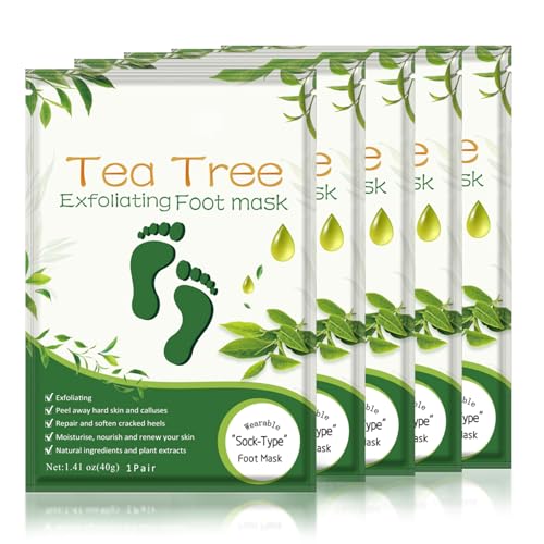 Liefiet Foot Peeling Mask 5 Pack, Foot Mask Remove Dead Skin, Rough Callus and Cracked Heels, Dry Skin Moisturizer for Soft and Smooth Baby Touch Feet (Tea Tree)