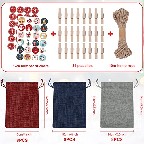 Lintimes Advent Calendar 24 Christmas Countdown Bags , 3 Colors Burlap Bags With 2 Sheets 1-24 Numbers Stickers Fabric Gift Bags For Filling For Diy Christmas Decorations(Red Blue Grey) #TOP1
