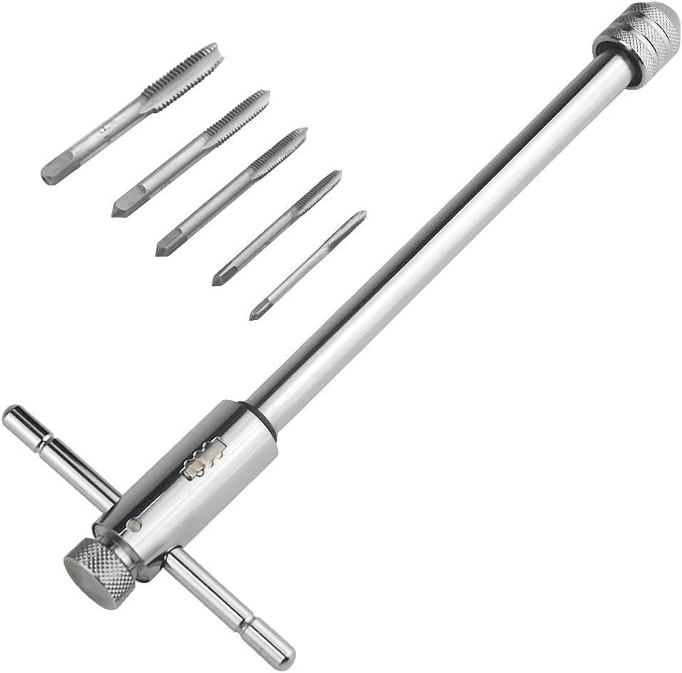 XINGYHENG Adjustable Ratchet Wheel Hand Tap Wrench holder Reversible Bothway T-Handle Manual Tapping Ratcheting Wrench 248mm with 5pcs M3 M4 M5 M6 M8 Machine Screw Thread Metric Plug T-shaped Tap