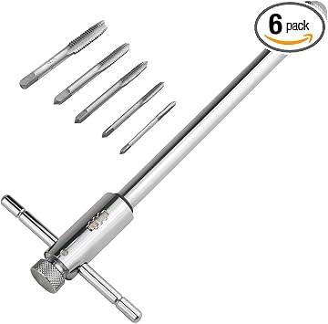 Adjustable Ratchet Wheel Hand Tap Wrench holder Reversible Bothway T-Handle Manual Tapping Ratcheting Wrench 248mm with 5pcs M3 M4 M5 M6 M8 Machine Screw Thread Metric Plug T-shaped Tap