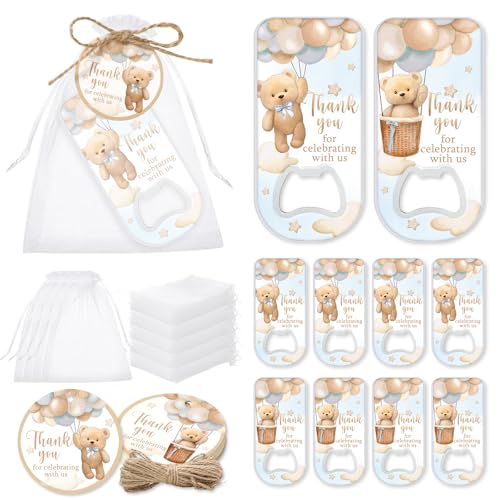 FYSUIMU 50Pcs Bear Baby Shower Bottle Openers with Thanks You Paper Tags Organza Bags Balloon Bear Magnetic Plastic Bottle Opener for Guest Birthday Gender Reveal Party Favors