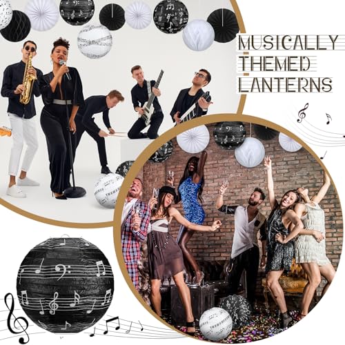 Image of Baquler 18 Pcs Music Party Decoration Hanging Paper Lantern Music Notes Fans Black and White Honeycomb Ball for Rock Roll Concert 50's Theme Party Ceiling Decor Supplies