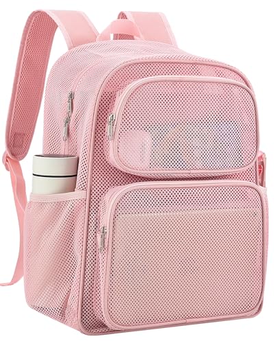 MAY TREE Mesh Backpack, Heavy Duty Large Capacity Beach Bag, Princess Pink