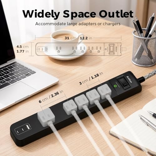 Addtam 2 Pack Power Strip Surge Protector – 5 Wide Spaced Outlets 3 USB (2 USB-C) Charging Ports, 1875W/15A, 15ft Braided Cord, Flat Plug, Overload Surge Protection, Wall Mount for Home, Office & Dorm by Addtam - Image 5