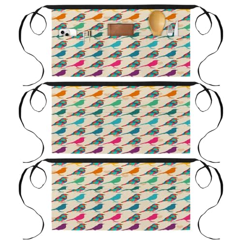 Lot de 3 tabliers courts de chef avec 3 poches pour cuisine et bar motif oiseaux colorés