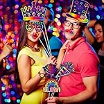 25pcs Glow Neon Photo Booth Props with Sticks | Let's Glow Themed Party Supplies for Birthday, Disco, Black Light Parties | 25 Designs (Hats, Glasses, Balloons) - Image 4