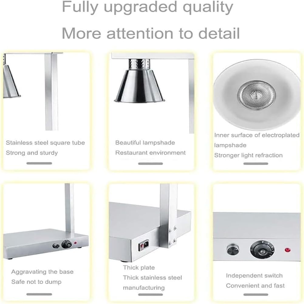 Lampada riscaldante per Alimenti, Lampada riscaldante a Buffet, scaldapiastre Calde elettriche, Piano da Tavolo Commerciale in Acciaio Inossidabile con Scudo in Vetro per Ristorante Cucina e Buffet