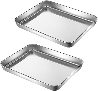Small Cookie Baking Sheet Pans Stainless Steel 304 Little Serving Tray 10.4 x8.1 x1.1Inch (Diagonal 12.3) Reheat Food Small Items No Rust Dishwasher Safe for 2 Person 2 Pack