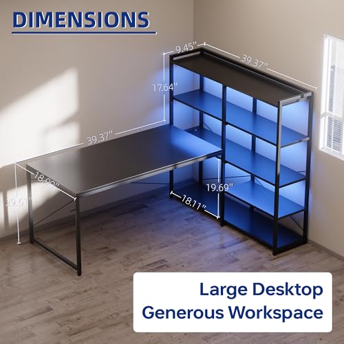 Pamray L Shaped Computer Desk with Reversible Side Storage Shelves, 49 Inch Gaming Desk with Power Outlets and Led Lights, PC Table for Home Office and Bedroom Pink by Pamray - Used condition - Image 5