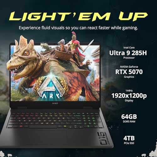 Image of HP Omen 16 Slim 16 inch FHD+ 144Hz Gaming Laptop, Intel Ultra 9 285H, NVIDIA GeForce RTX 5070, 64GB DDR5, 5TB Storage(4TB SSD+1TB Docking Station), 4-Zone RGB Backlit Keyboard, WiFi 6E, Win11 Pro, Black