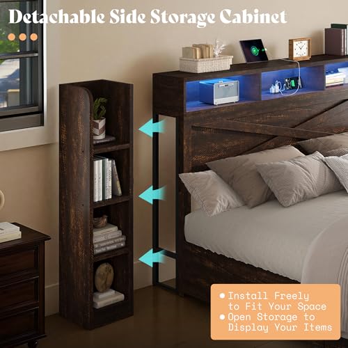 Image of AMERLIFE 45'' Farmhouse King Bed Frame with 4 Drawers, LED Bed Frame with Bookcase Headboard & Side Shelves, Wood Platform Bed with Charging Station, Walnut