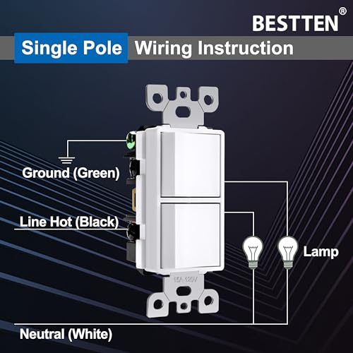 Bestten USP-LS04S-2PK 2 Pack Double Rocker Light Switch, Two Single Pole Electrical Paddle Switch thumb #4