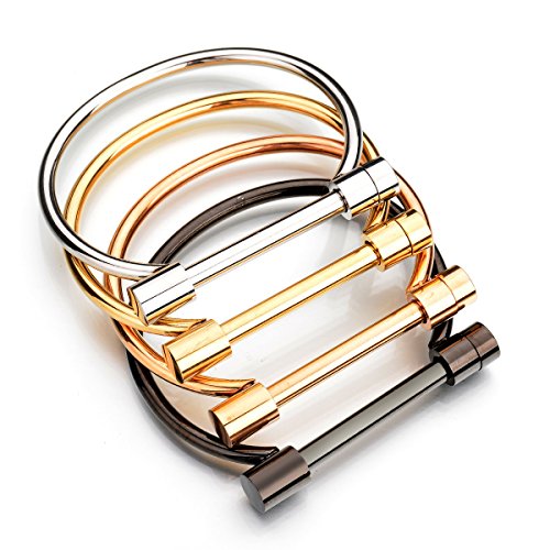 Anbala Stylish Titanium Steel D Shape Bar Screw And Shackle Cuff Bangle Bracelet For Unisex, Silver,Flat Head Screw #TOP5