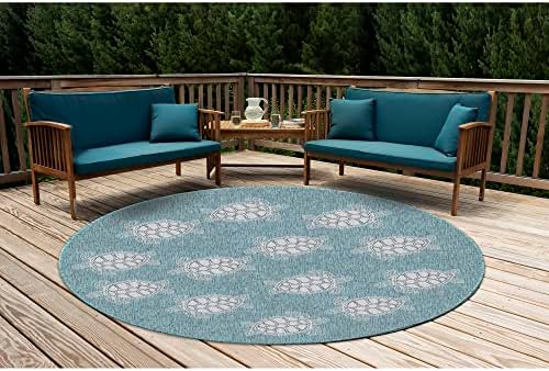 Liora Manne CARMEL Indoor/Outdoor Power Loomed Synthetic Blend Low Profile Area Rug - Transitional Coastal Turtle Decorative (Seaturtles Aqua) (7'10" Round)