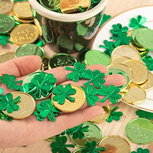 Whaline St Patricks Day Table Decorations, 100 Pcs Plastic Good Luck Coins and 1 Oz Shamrock Clover Confetti Table Sprinkles for Irish St Patricks Party Decoration Favors Supplies - 4
