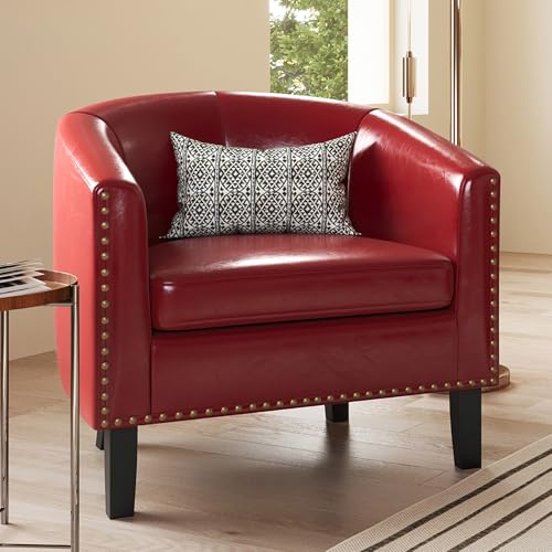 BELLEZE Accent Barrel Chair, Modern Tub Club Chair Upholstered Armchair for Living Room, Faux Leather Chair with Gold Nail Head Trim Black Legs - Kyara (Red) Red/Faux Leather 1