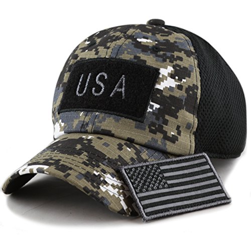 The Hat Depot Low Profile Tactical Operator with USA Flag Patch Buckle Cotton Cap (USA-Black/Charcoal Camo)
