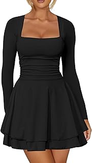 ZPLxi Women's Casual Dress Square Neck Long Sleeve Ruched Waist Ruffle Hem Black Corset Flowy Short Dresses 2025