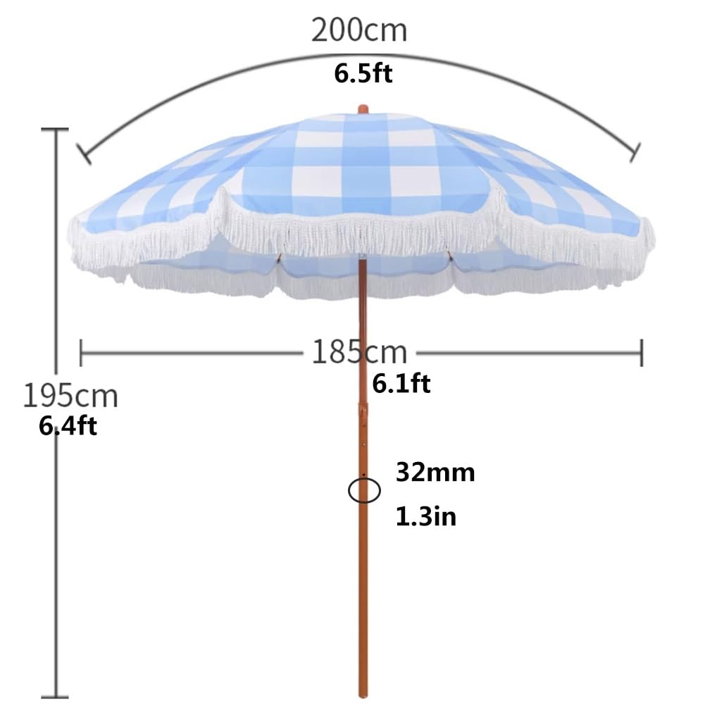 200 cm Parasol Plażowy z Frędzlami, Wodoodporny Ochrona UV Przenośny Odchylany Parasol Ogrodowy z Regulowanym Słupkiem(Pink)
