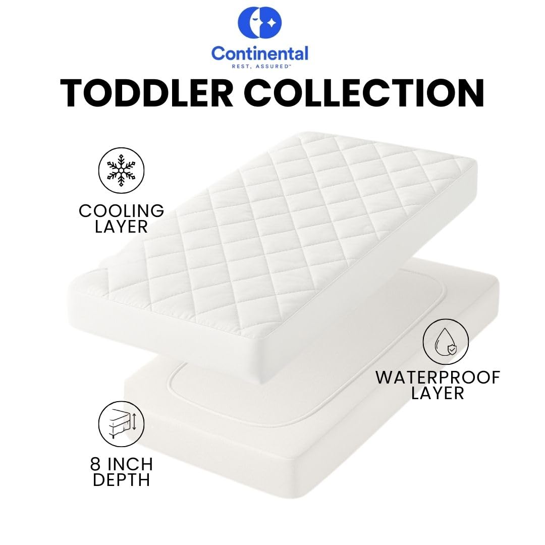 Continental Bedding Toddler Waterproof Cooling Mattress Pad Protector – Quilted, Breathable Fabric Blend, Fits Crib & Toddler Bed 28x52x8, White