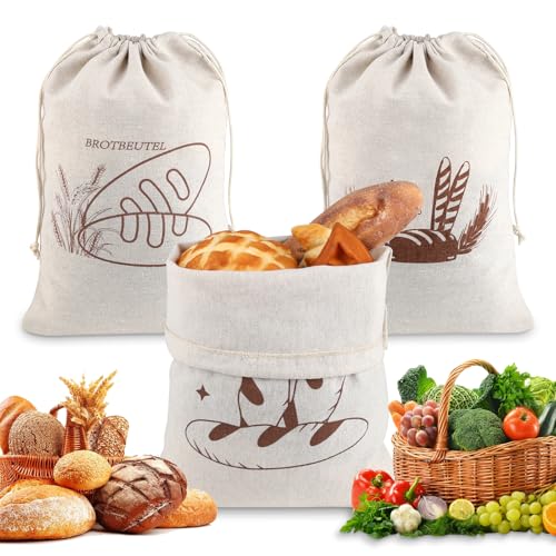 3 Stück Brotbeutel Leinen, 30 x 40cm Brotbeutel Aufbewahrung Frischhalten, Wiederverwendbar Brotsack mit Kordelzug, Leinenbeutel für Brot, Obst und Gemüse