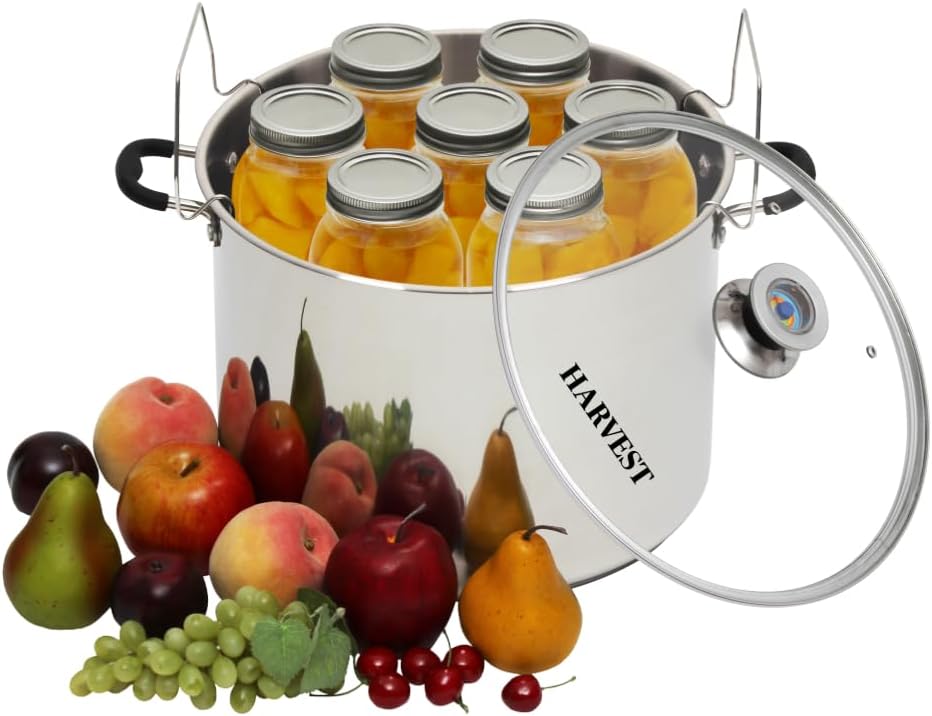 Harvest Stainless Steel Canner filled with jars of peaches, surrounded by fresh fruit