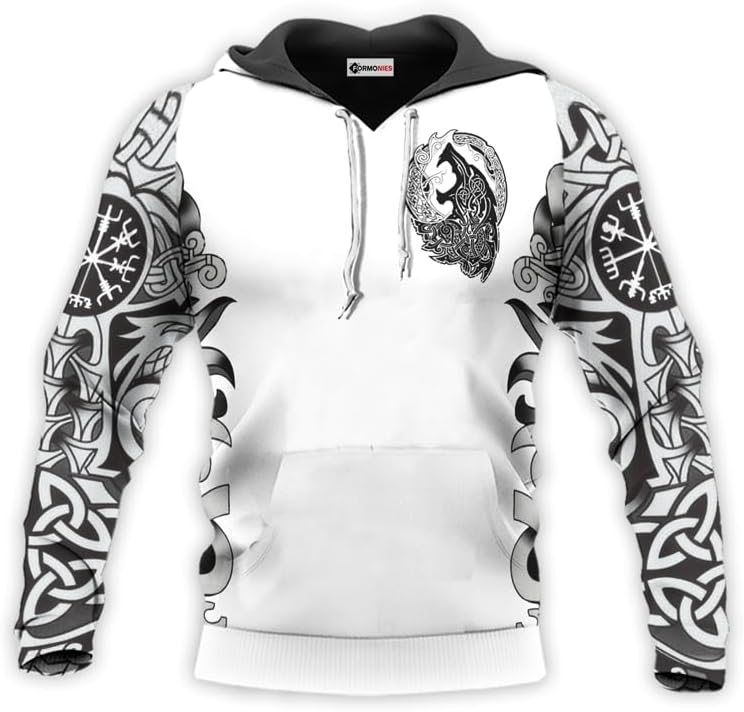 Viking Tatoo Hoodie Men’s Long Sleeve Graphic 3D Print Pullover Hooded Viking Apparel Sweashirt Hoodies