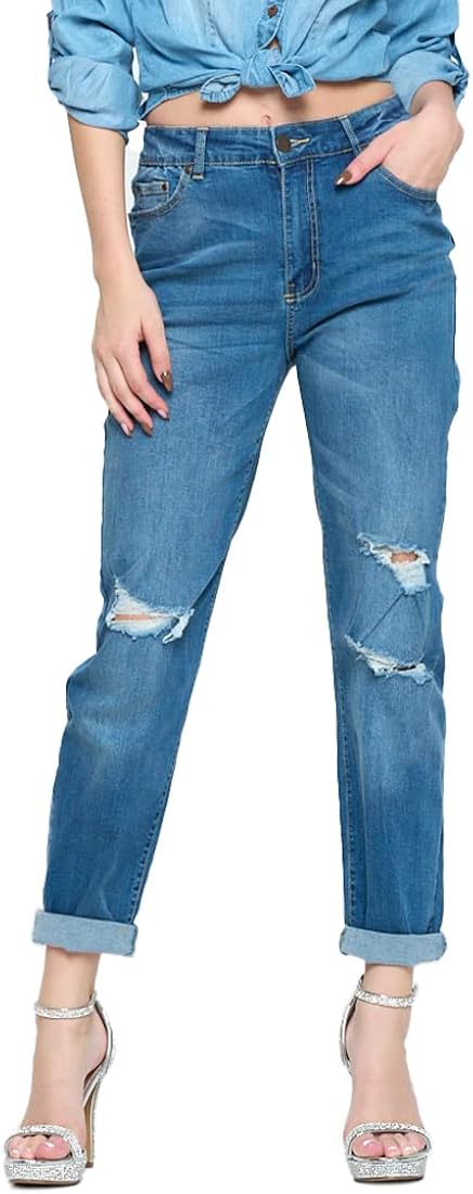 ICONICC Women's Distressed Denim Skinny Jeans Mom Jean Straight Leg